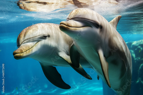 AI generated image of two happy dolphins swimming underwater in the sea photo
