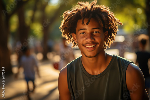 Generative AI illustration portrait of black man with dreadlocks and in field of earth looking at camera on blurred background photo