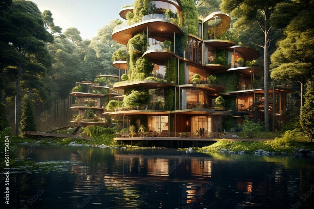 Contemporary forest housing with lush balconies and serene water reflections. Generative AI
