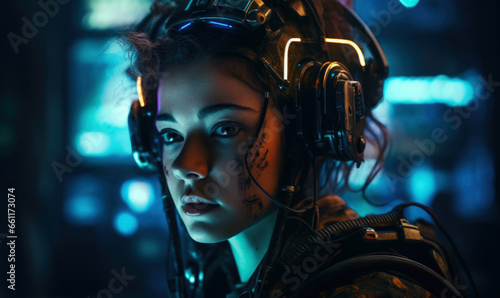 Generative AI illustration of female cibergamers in futuristic helmet and costume looking away on dark blurred background with neon lights photo