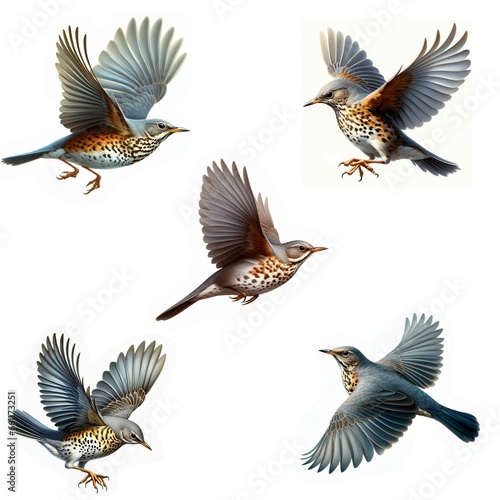 A set of male and female Gray-cheeked Thrushes flying isolated on a white background