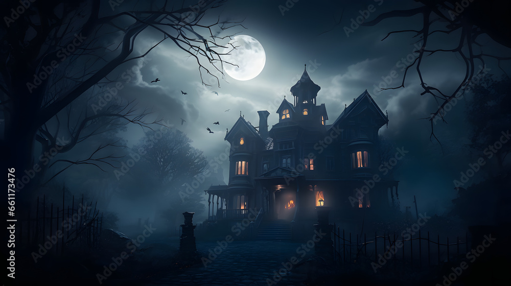 Moonlit Haunting: The Eerie Charm of the Mansion in the Mist