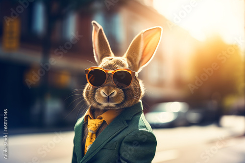 Generative AI of cute fluffy rabbit with long ears wearing classy suit in sunglasses and looking at camera on blurred background photo