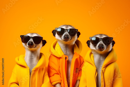 Generative AI illustration of portrait of cool raccoons in clothes and sunglasses on blue background photo