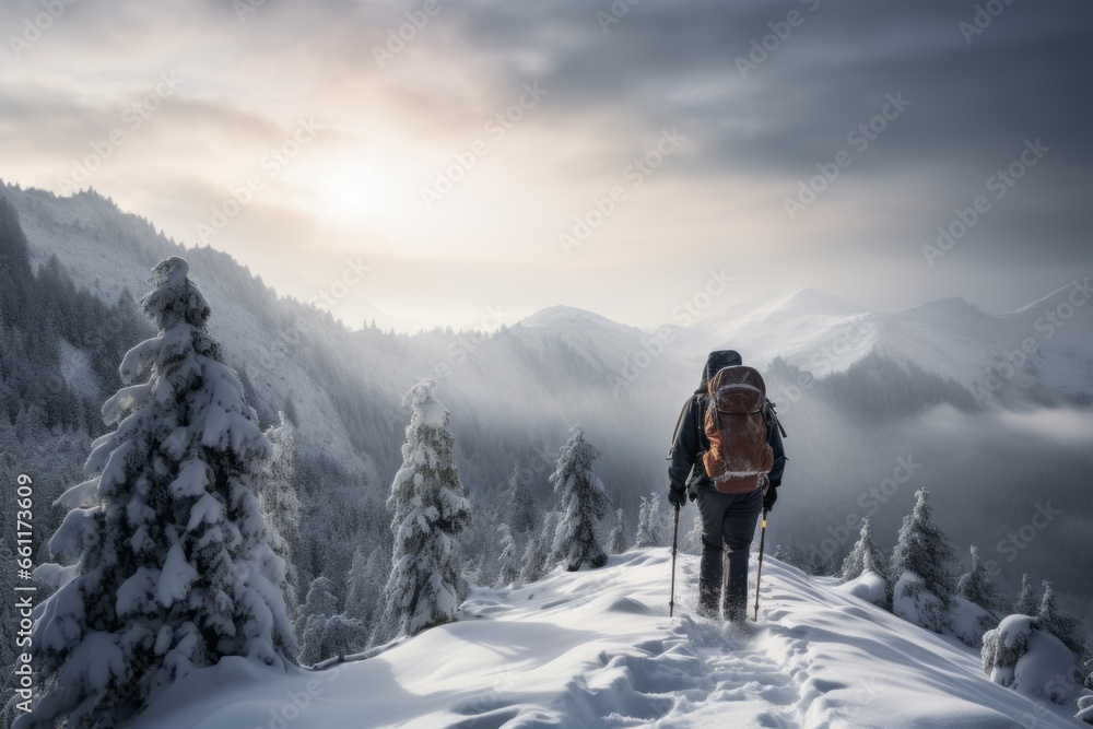 A hiker ascends a snow-covered mountain trail, their breath forming misty clouds in the cold air, as they embrace the serene beauty of a winter wonderland