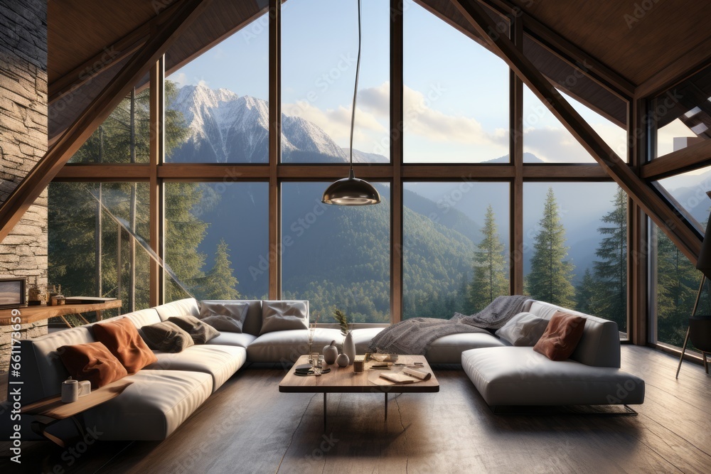 Fototapeta premium A luxurious mountain-side retreat, mountain house with floor-to-ceiling windows, breathtaking views of the rugged landscape and cozy, elegant interiors, ideal for background image