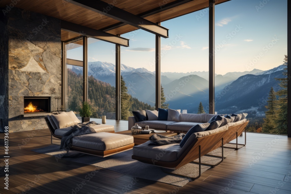 Fototapeta premium A luxurious mountain-side retreat, mountain house with floor-to-ceiling windows, breathtaking views of the rugged landscape and cozy, elegant interiors, ideal for background image