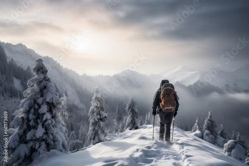 A hiker ascends a snow-covered mountain trail, their breath forming misty clouds in the cold air, as they embrace the serene beauty of a winter wonderland