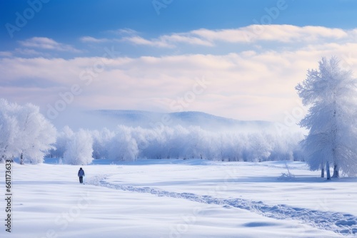 A lone person stands amidst a serene winter landscape, surrounded by glistening snow-covered trees, offering a tranquil moment of contemplation