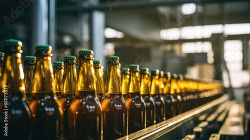 Conveyor with beer production. Brown glass bottles with green caps