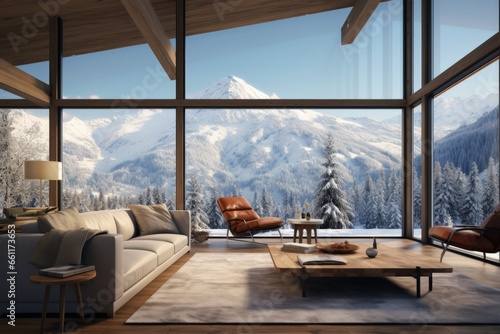A luxurious mountain-side retreat, mountain house with floor-to-ceiling windows, breathtaking views of the rugged winter landscape and cozy, elegant interiors, ideal for background image