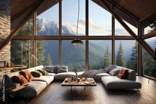A luxurious mountain-side retreat, mountain house with floor-to-ceiling windows, breathtaking views of the rugged landscape and cozy, elegant interiors, ideal for background image © Gbor