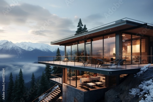 A luxurious mountain-side retreat, mountain house with floor-to-ceiling windows, breathtaking views of the rugged landscape and cozy, elegant interiors, ideal for background image © Gbor
