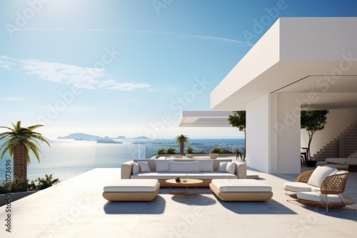 A modern coastal home with a minimalist design, on a cliff overlooking the sea, outdoor lounge and expansive terraces for enjoying the coastal vistas, ideal for background image © Gbor