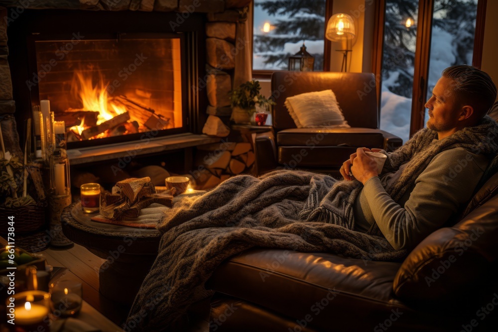 A person sits by a crackling fireplace in a rustic cabin, drinking hot cocoa and enjoying a fireside chat in a warm and inviting winter retreat