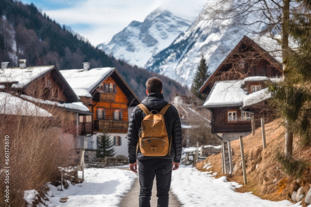 A person strolls through a charming alpine village blanketed in snow, with picturesque cottages and a snowy mountain backdrop, evoking the charm of a winter getaway