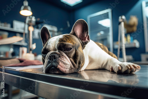 Generative AI illustration cute lying French Bulldog while on comfortable table in light veterinarian clinic looking at camera photo