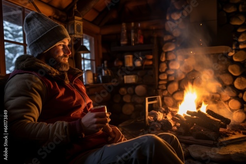 A person sits by a crackling fireplace in a rustic cabin, drinking hot cocoa and enjoying a fireside chat in a warm and inviting winter retreat