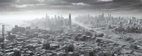  black and white foggy city rendering