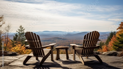 A set of Adirondack chairs overlooking a scenic view.