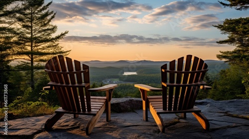 A set of Adirondack chairs overlooking a scenic view.