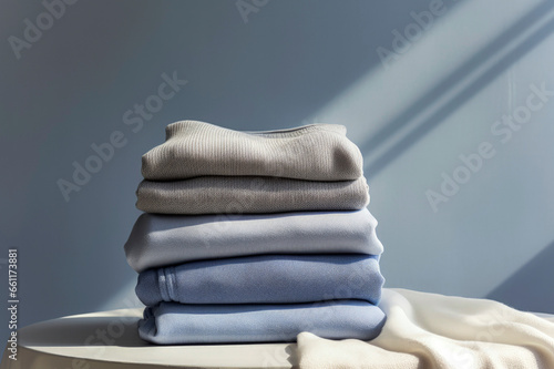 Generative AI illustration of stack of folded sweaters placed on table against wall in daylight photo
