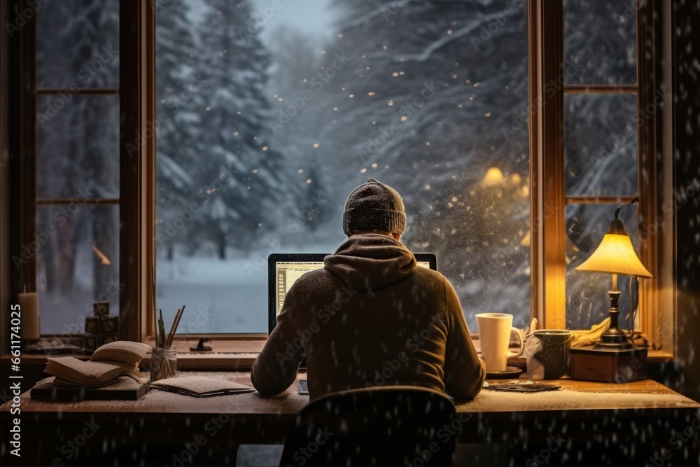 A person works from a home office with a view of falling snowflakes outside, finding focus and productivity in the tranquility of an indoor winter workspace