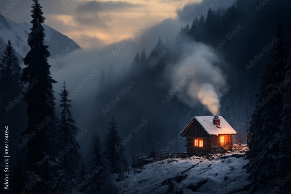 A solitary cabin nestled in a snowy forest, smoke gently rising from the chimney, as a person enjoys the warmth and comfort within A solitary cabin nestled in a snowy forest, smoke gently rising from the chimney, as a person enjoys the warmth and comfort within