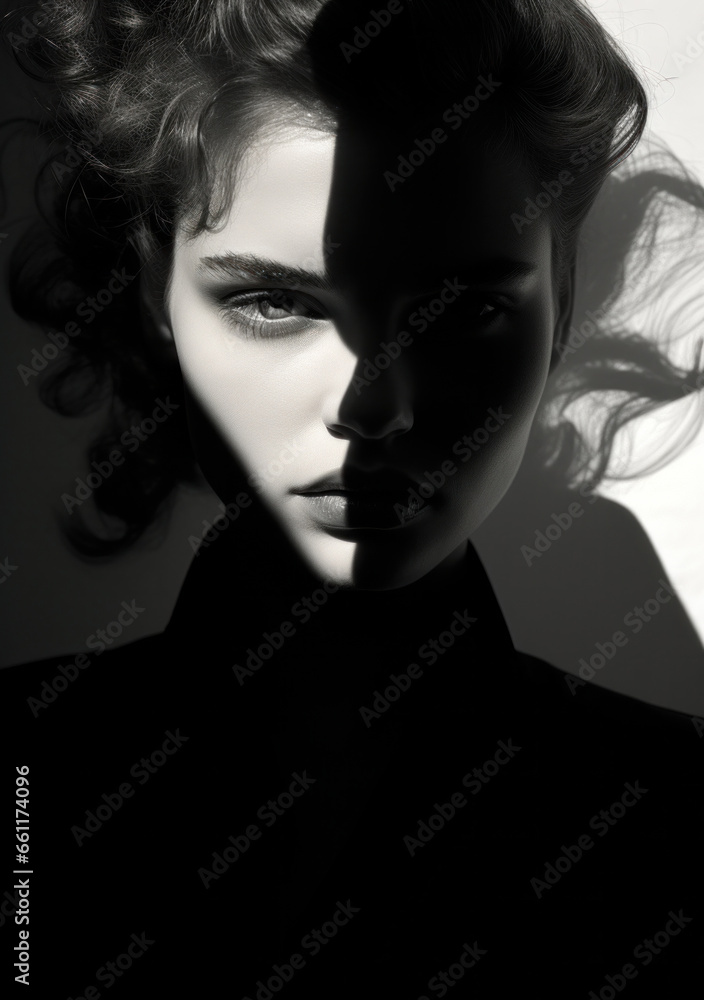 Black and white portrait of young female model with dark hair and makeup looking at camera in lights and shadows. Generative AI Black and white portrait of young female model with dark hair and makeup looking at camera in lights and shadows. Generative AI