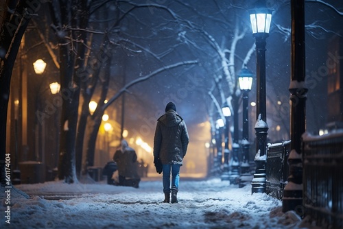 A person walks along a snowy city street at night  with city lights reflecting on the fresh snowfall  creating a magical and quiet urban winter scene