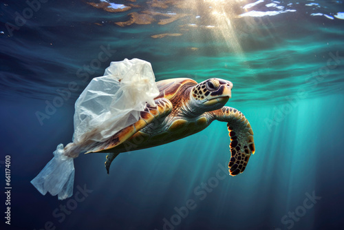 Generative AI illustration of wild sea turtle with transparent plastic bag swimming underwater representing concept of environmental pollution photo