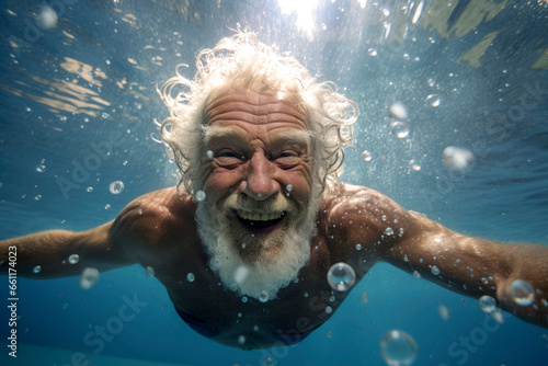 Generative AI illustration of underwater view of delighted senior man swimming in clear water of pool and looking at camera photo
