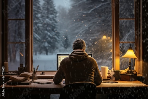 A person works from a home office with a view of falling snowflakes outside, finding focus and productivity in the tranquility of an indoor winter workspace