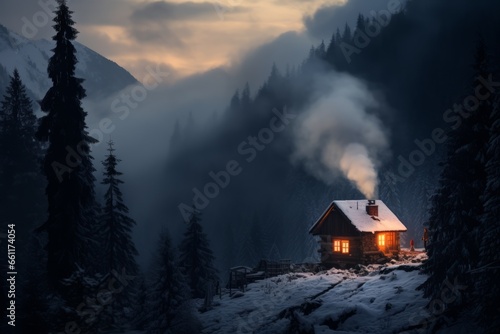 A solitary cabin nestled in a snowy forest, smoke gently rising from the chimney, as a person enjoys the warmth and comfort within