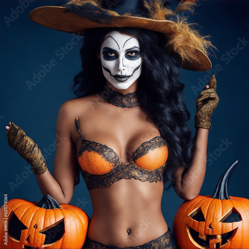 Portrait of Katrina girl with a pumpkin, girl with scary bridal makeup, girl with sensual bra, beautiful girl in costume, sensual girl on Halloween