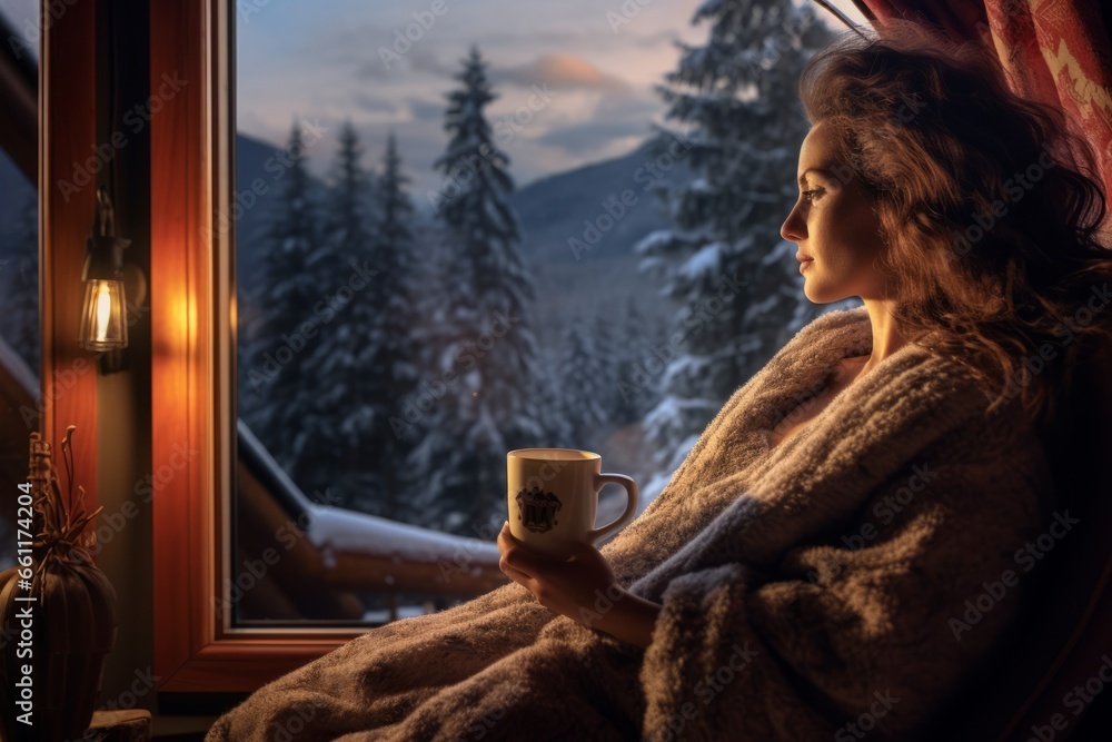 A woman reads a book by a frosty window with a view of a snowy landscape, wrapped in a blanket and basking in the serene ambiance of an indoor winter retreat