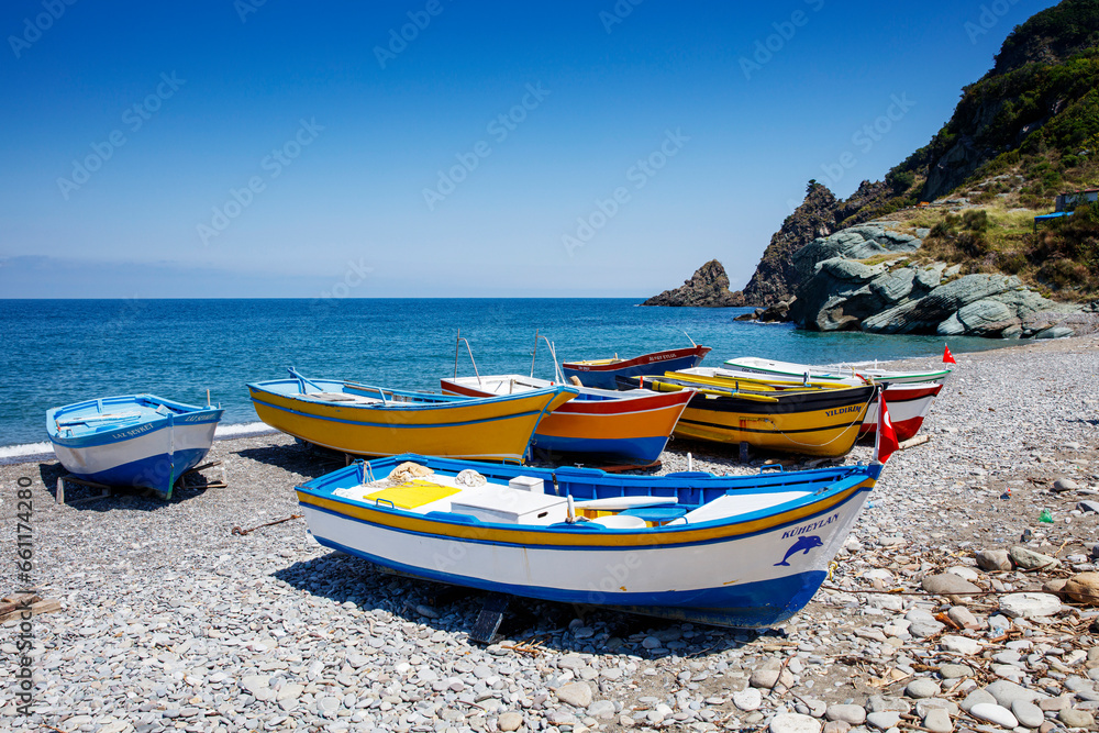 Fototapeta premium Beautiful photo of beached Fishing Canoe, the canoe is painted colorful in traditional asian manner. It is idle in off season parked on wooden logs, due to rough weather forecast of cyclone.