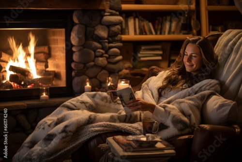 A woman lounges in a cozy living room with a roaring fireplace, surrounded by winter-themed decor and soft blankets, creating a warm and inviting indoor winter scene