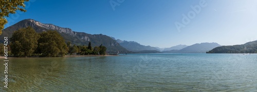 Magnificent panorama from the banks of the lake, in Annecy, Haute-Savoie, France