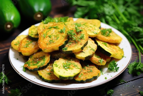 Fried zucchini slices garnished with herbs on a white plate.