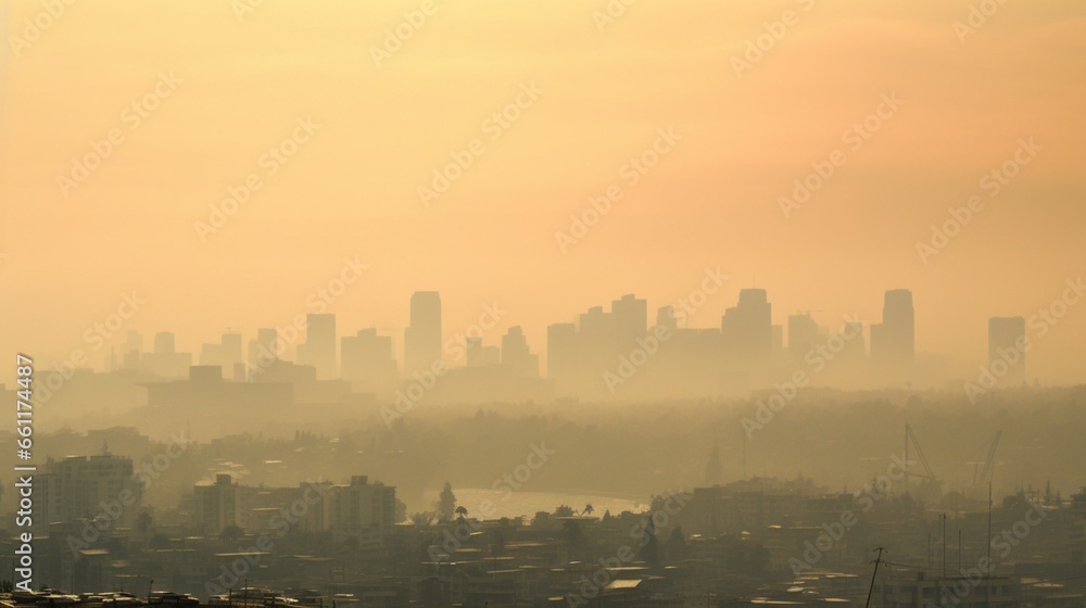 A skyline view obscured by smoky haze from industrial emissions.