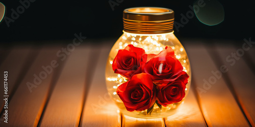 red roses in a luminous jar, decoration and light, romantic atmosphere, christmas party, valentine's day, winter photo