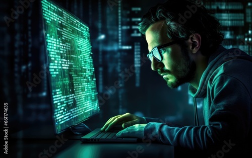 Programmer or person in glasses reading a script, programming or cyber security research