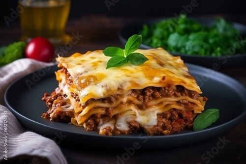 delicious lasagne topped with cheese on a plate. Generative AI