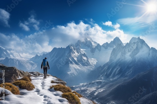 An adventurous hiker ascends a snow-covered mountain trail, with panoramic views of the snow-capped peaks as their reward