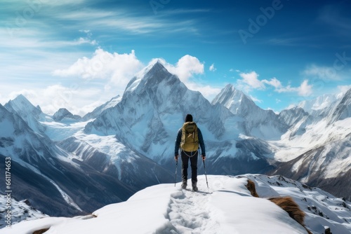 An adventurous hiker ascends a snow-covered mountain trail, with panoramic views of the snow-capped peaks as their reward