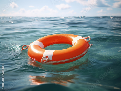 A rescue buoy, also known as a life buoy, floating in the sea, ready to save individuals from drowning.
