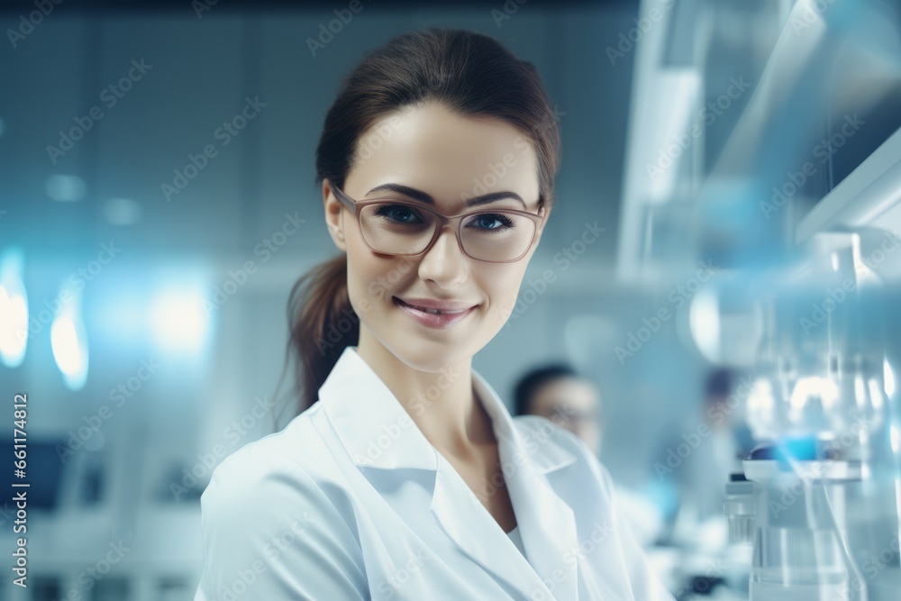 Fototapeta premium portrait of a confident smiling female doctor or scientist in the hospital
