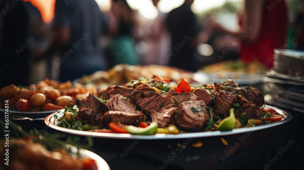 A delectable plate of grilled meat presented at a wedding or restaurant buffet, inviting guests to savor the culinary delights of the occasion. - obrazy, fototapety, plakaty 
