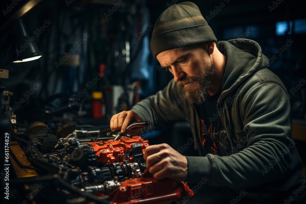 An action shot of a mechanic tighting bolts on a car engine, showcasing the efficiency and skill